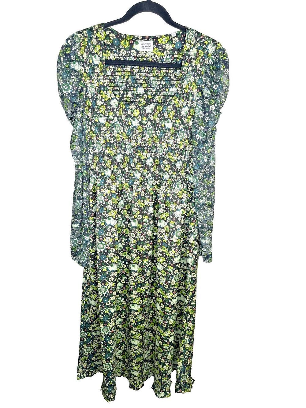 Scotch & Soda Dress Womens Medium Green Floral Smocked Puff Sleeve Midi Boho
